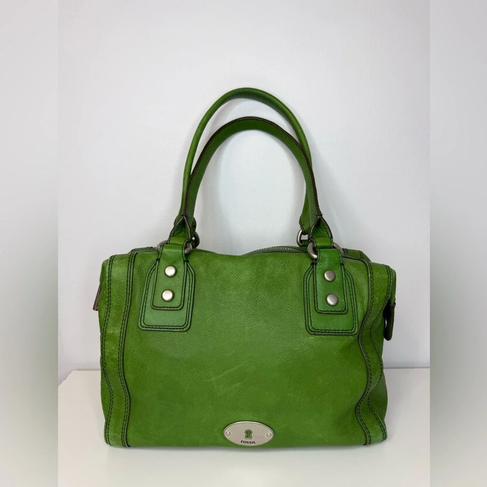 Fossil Kelly Green Pebble Leather Marlow Satchel Bag Purse Top Zip Closure